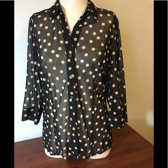 Chico’s Sheer Black Button Down Blouse cream dots - Picture 1 of 6